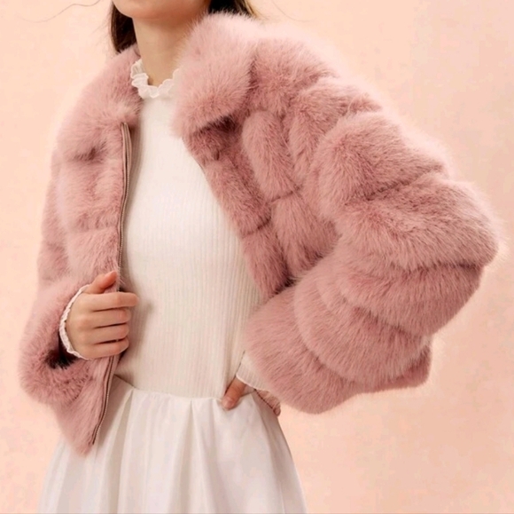 Women Fluffy Patchwork, Horizontal Stripes,Loose Long-Sleeved Fur Collar Jacket - Picture 3 of 6